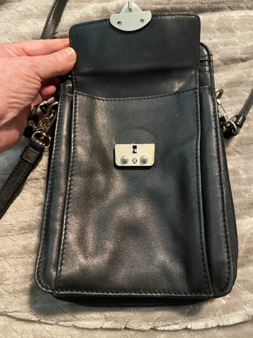 TUMI Black Leather Messenger Bag with Silver Hardware